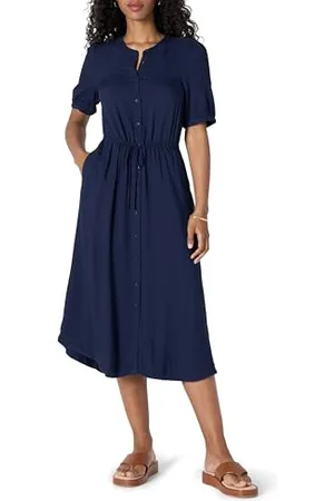 Amazon Robe trapèze mi-longue cintrée à coupe décontractée et manches mi-longues Femme, , XL