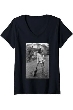 Bob Marley X David Burnett Photo guitare en et blanc T-Shirt avec Col en V