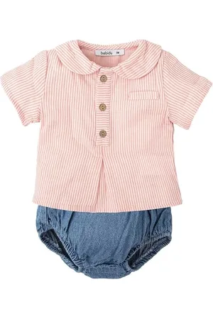 BABIDU Conjunto Para Bebé Y Niño Con Camisa de Manga Corta A Rayas Y Cubrepañal Denim Ensemble, , 3 Mois Mixte bébé