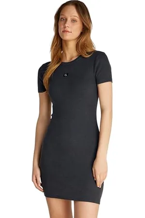 Calvin Klein Robe Moulante Femme Washed Woven Label Rib Courte, Gris (Washed Black), L