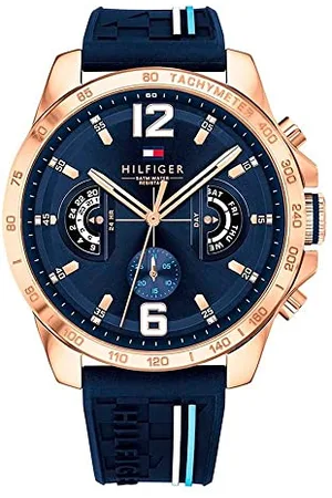 Tommy Hilfiger Montre Analogique Multifonction Quartz pour Hommes 46mm - Cadran Bleu Marine avec Bracelet en Silicone, Fonctions Jour, Date et 24 Heures, Résistante à l