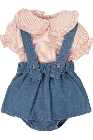 BABIDU Conjunto Bebé Niña Peto Falda Denim Y Camisa de Rayas, Cuello Bobo Con Volante Y Mangas Fruncidas Ensemble Salopette, , 3 Mois Mixte bébé