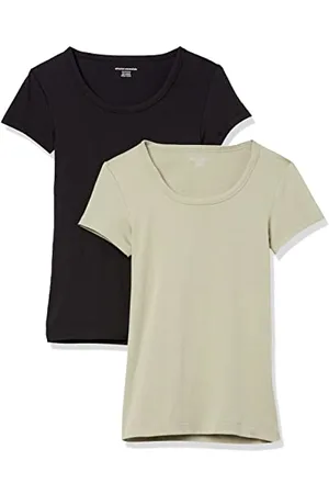 Amazon T-Shirt Ajusté à Manches Courtes et Encolure Dégagée Femme, Lot de 2, , M