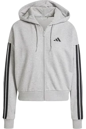 adidas Femme Essentials 3-Stripes French Terry Full Zip Hoodie, Medium Grey Heather/Black, XS