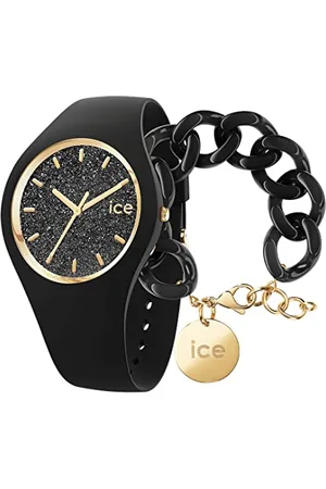 Ice-Watch Ice Glitter Black - Montre Noire pour Femme avec Bracelet en Silicone - 001349 (Small)+ Chain Bracelet - Black - Bracelet Mailles XL de Couleur Noire (020354)