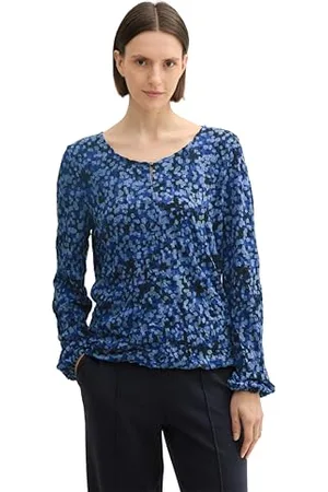 TOM TAILOR 1044145 T-Shirt à Manches Longues, 36556-Bleu Marine-Design carré Aquarelle, XL Femmes