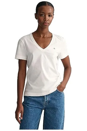 GANT REG Shield SS V-Neck T-Shirt, White, M Femme
