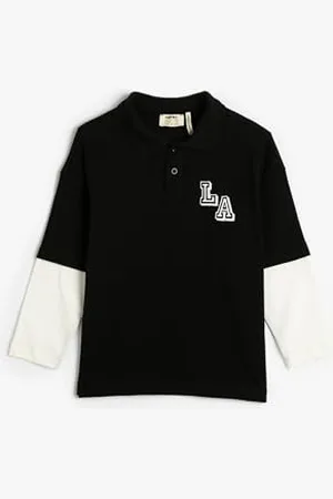 Koton T-Shirt Long Sleeve Polo Neck Color Block Varsity Printed Cotton, Polo Garçons,