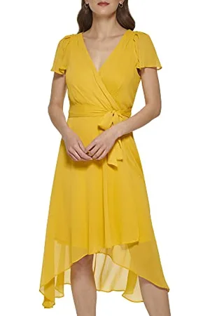 DKNY Short Sleeve Asymmetrical Hem Faux Wrap Dress Robe, , 42 Femme