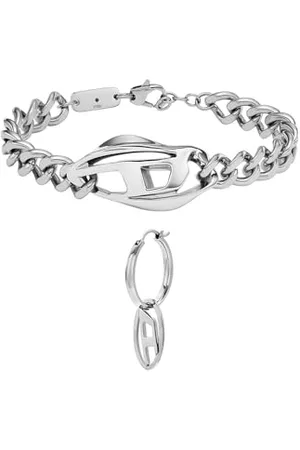 Diesel Homme Set Bracelet bicolore en acier inoxydable et boucles d’oreilles Oval D Logo argenté, Set