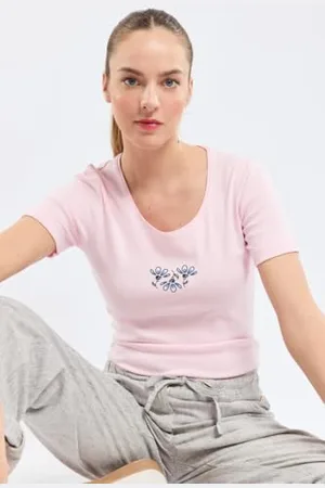 Armor.lux T- Shirt Fleur à Manches Courtes et col Rond en Coton léger Femme
