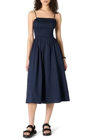 Amazon Robe Midi à Corsage Smocké en Satin de Coton, Coupe Classique Femme, , S