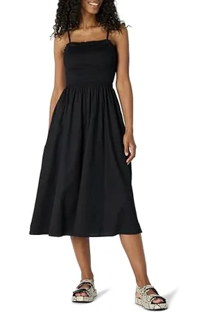 Amazon Robe Midi à Corsage Smocké en Satin de Coton, Coupe Classique Femme, , S