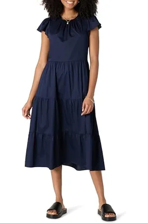 Amazon Robe Midi à Volants Décontractée à Col Rond en Satin de Coton Femme, , XS