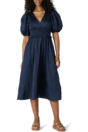 Amazon Robe Midi Manches Bouffantes en Satin De Coton Coupe Classique Femme, , XXS