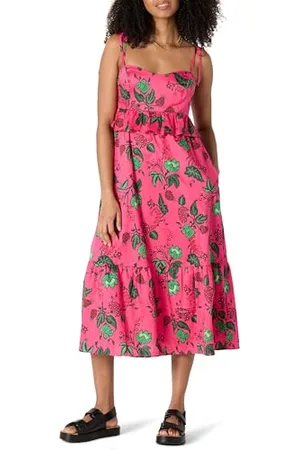 Amazon Robe Mi-Longue à Volants en Satin de Coton, Taille Empire, Coupe Classique Femme, , L
