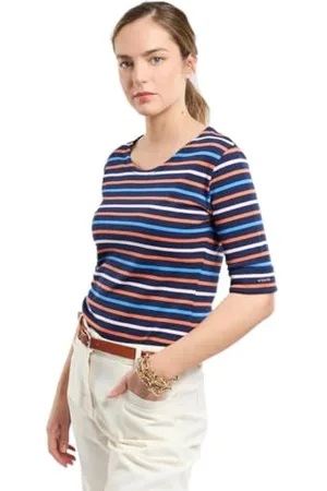 Armor.lux Marinière Tricolore col Bateau en Coton épais Femme Sweater, Seal/Tigerlily/BlueSaphir