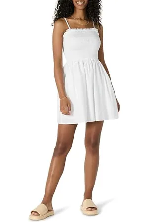 Amazon Robe Courte à Corsage Smocké en Satin de Coton, Coupe Classique Femme, , XXL