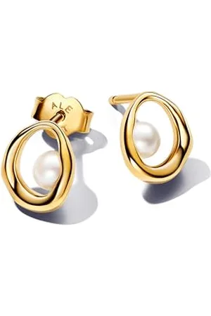 PANDORA Essence Clous d’oreilles en métal plaqué or 14 carats avec perle de culture d’eau douce traitée blanche