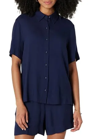 Amazon Chemise Boutonnée en Sergé Fluide, Coupe Décontractée (Short Vendu Séparément) Femme, , XXL
