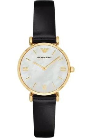 Emporio Armani Montre pour femmes, mouvement à deux aiguilles, boîtier en acier inoxydable doré de 32 mm avec bracelet en cuir, AR1910