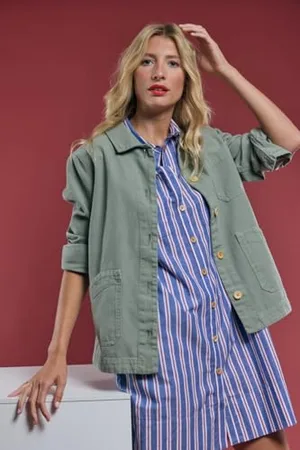 Armor.lux Robe Chemise rayée à Manches Courtes en Coton et Lin Héritage Femme