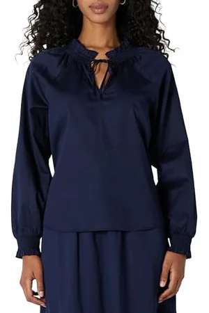 Amazon Chemisier Décontracté à Manches Longues et Col à Volants en Satin de Coton (Jupe Vendue Séparément) Femme, , XS