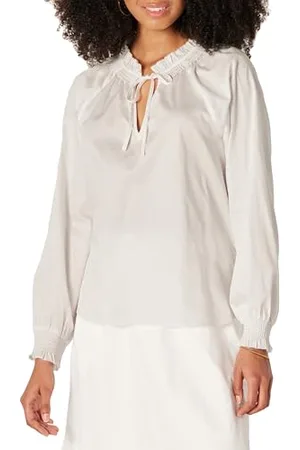 Amazon Chemisier Décontracté à Manches Longues et Col à Volants en Satin de Coton (Jupe Vendue Séparément) Femme, , XL