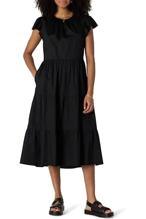 Amazon Robe Midi à Volants Décontractée à Col Rond en Satin de Coton Femme, , XS