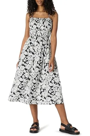 Amazon Robe Midi à Corsage Smocké en Satin de Coton, Coupe Classique Femme, , M