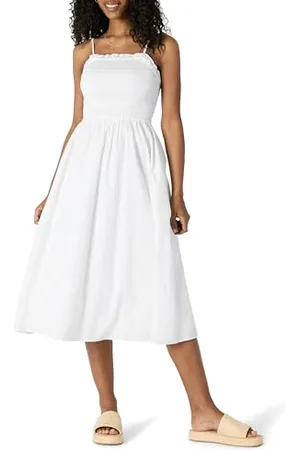 Amazon Robe Midi à Corsage Smocké en Satin de Coton, Coupe Classique Femme, , XXS