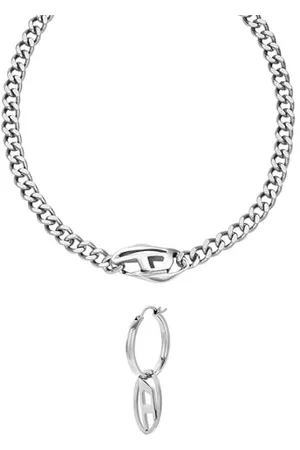 Diesel Homme Set Collier et boucles d’oreilles Oval D Logo, acier inoxydable argenté, Set