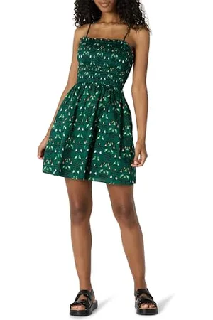 Amazon Robe Courte à Corsage Smocké en Satin de Coton, Coupe Classique Femme, , XS
