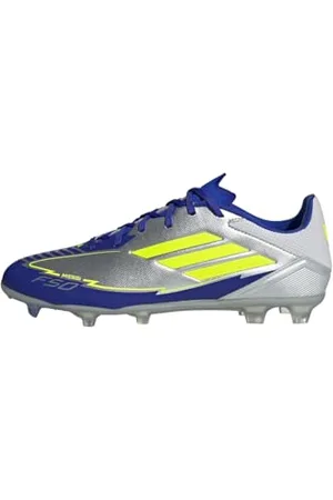adidas Mixte F50 League Football Boots FG/MG Chaussures, Silver Metallic/Solar Yellow/Lucid Blue, 44 2/3 EU