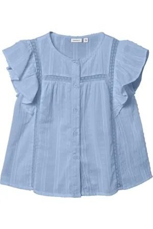 NAME IT Nkffatidia SS Top Chemisier à Manches Courtes, Chambray Blue, 134 cm-140 cm Fille