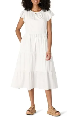 Amazon Robe Midi à Volants Décontractée à Col Rond en Satin de Coton Femme, , M