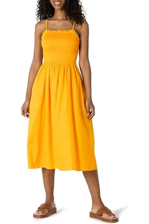 Amazon Robe Midi à Corsage Smocké en Satin de Coton, Coupe Classique Femme, , XXL