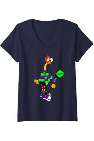 SmileteesAll Femme Funny Poulet en caoutchouc jouant au pickleball Sports T-Shirt avec Col en V