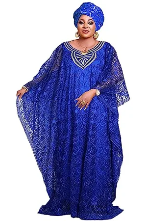 HD Collection Robe Caftan Africaine en Dentelle brodée avec col en V pour Femme, avec Bandeau Assorti, Taille Unique, Taille Unique