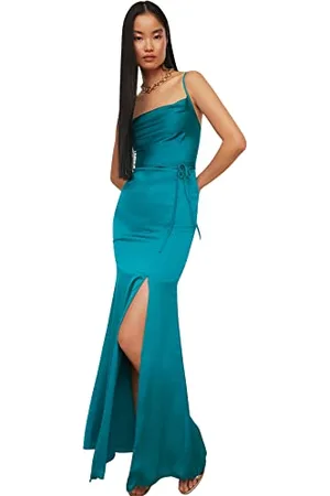 Trendyol Women Regular fit Woven Evening Dress Femmes Maxi Shift Coupe régulière Robe de soirée tissée, Emerald, 64