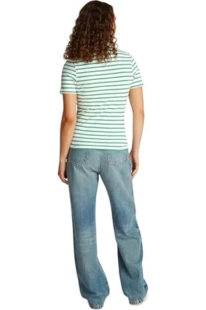 Tommy Hilfiger Polo Manches Courtes Femme 1985 Slim Pique Slim Fit, Multicolore (Ecru/Radiant Green Stp), S