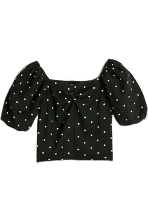 Koton Crop T-Shirt Polka-Dot Short Puff Sleeve Square Neck, Blouse Filles,