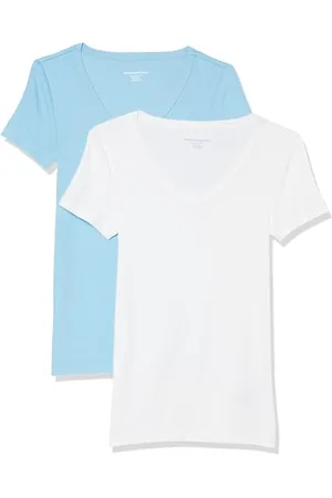 Amazon T-Shirt Col en v à Manches Courtes Coupe Ajustée Femme, Lot de 2, , XS