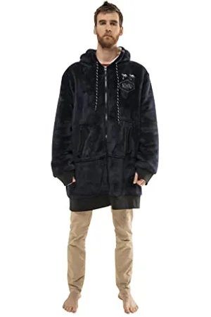 all in Veste Plaid 100% Recyclée - Poncho Hoodie Pilou avec Fermeture Éclair - Matière Chaude, Douce, Confortable - Taille Unique 1,50 à 1,75 m - Gris / Bleu