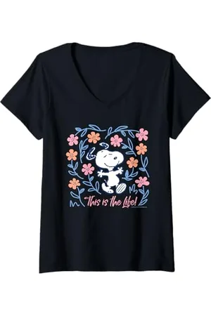 Peanuts Femme Snoopy Bonne Vie Printemps Fleurs Été Happy Fun Nature T-Shirt avec Col en V