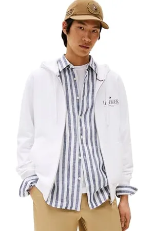 Tommy Hilfiger Sweat à Capuche avec Fermeture Éclair Homme Stacked Hooded en Coton, Blanc (White), S