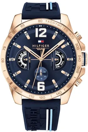 Tommy Hilfiger Montre Analogique Multifonction Quartz pour Hommes 46mm - Cadran Bleu Marine avec Bracelet en Silicone, Fonctions Jour, Date et 24 Heures, Résistante à l