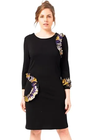 Mamatayoe Crayon. Robe Courte et Élégante pour Femme de Couleur Noire avec Détails Brodés pour Automne Hiver. Robe Droite en Maille Roma avec Taille en Jacquard et Manches Longues. Taille M