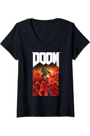 DOOM Femme Full Color Cover Art Retro Video Game T-Shirt avec Col en V