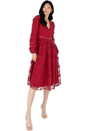 Maya Deluxe Womens Midi Dress Ladies Floral Embroidered Lace Long Sleeve V-Neck for Wedding Guest Bridesmaid Prom Occasion Ball Gown, Robe Femme,